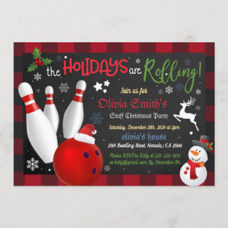 Christmas Bowling Holiday Buffalo Plaid Invitation