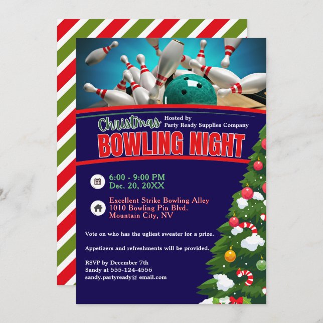 Christmas Bowling Night Blue Background Party Invitation (Front/Back)