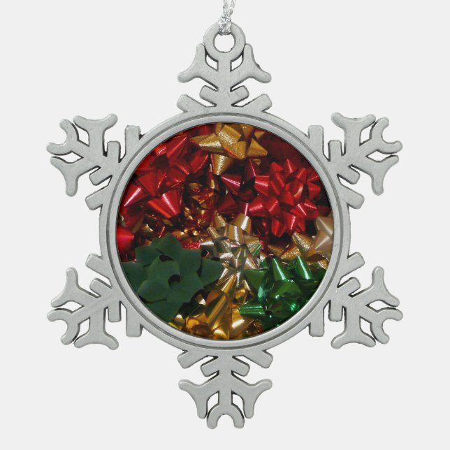 Christmas Bows Colourful Festive Holiday Snowflake Pewter Christmas Ornament (Front)