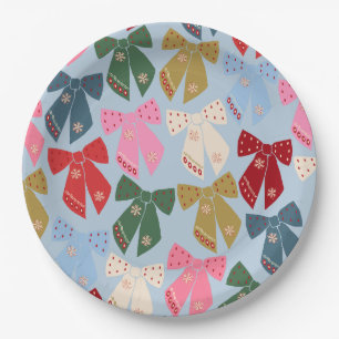 Christmas Bows Coquette Blue Paper Plate