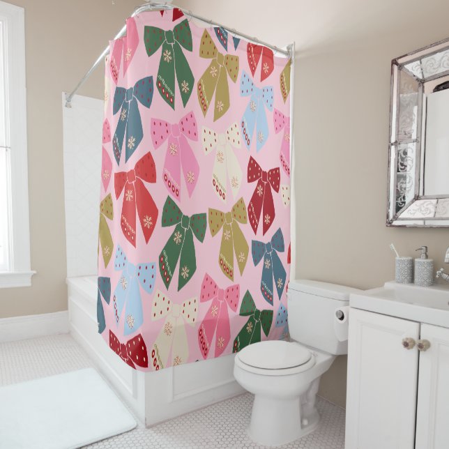 Christmas Bows Coquette Pink Shower Curtain (In Situ)