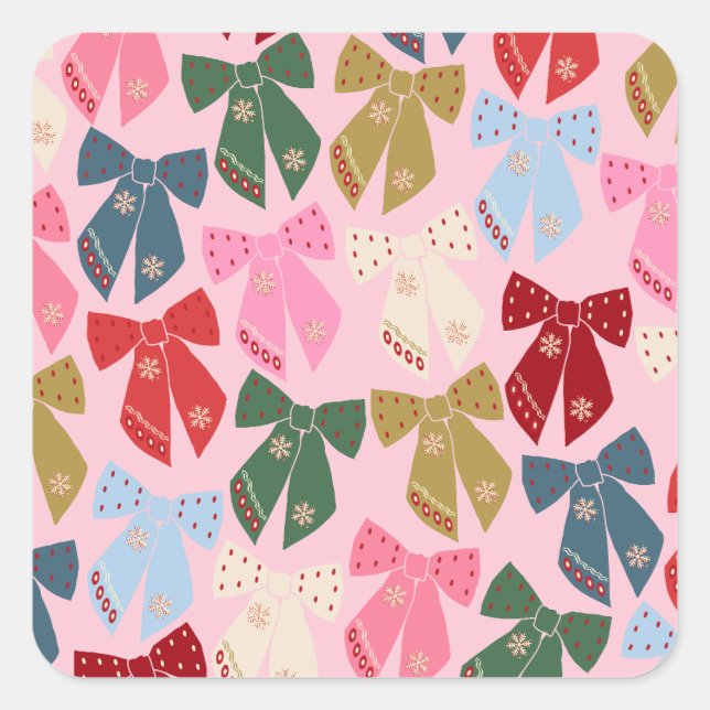 Christmas Bows Coquette Pink Square Sticker (Front)