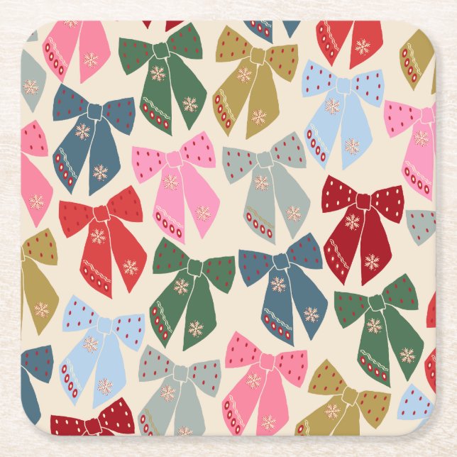 Christmas Bows Coquette Square Paper Coaster (Front)