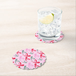 Christmas bows green pink whimiscal hand drawn paper coaster