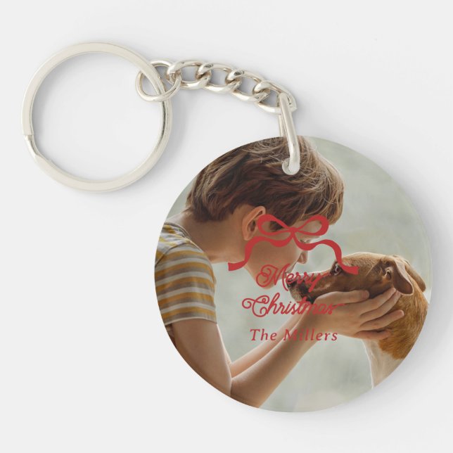 Christmas Bows Retro Holiday Premium Red Photo Key Ring (Front)