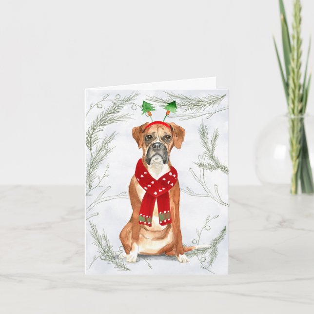 Christmas Boxer Dog and Botanical Pines Holiday Card (Front)