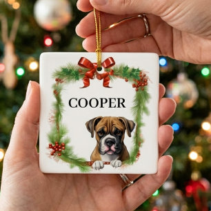 Christmas Boxer Dog Custom Name Wreath Pet Ceramic Ornament