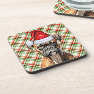 Christmas Boxer Dog with Green Red Plaid Holiday Coaster