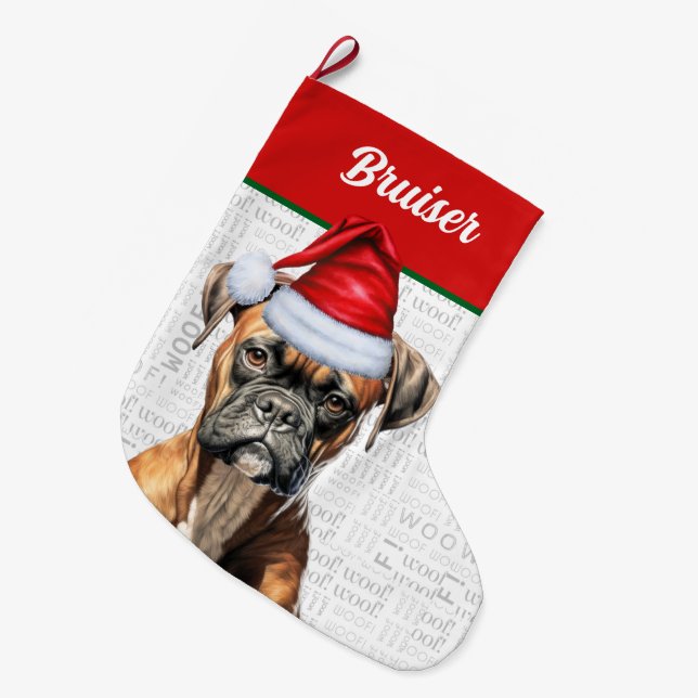 Christmas Boxer Dog with Name Woof Background Large Christmas Stocking (Front (Hanging))