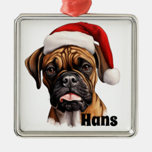 CHRISTMAS BOXER DOG WITH SANTA HAT METAL ORNAMENT