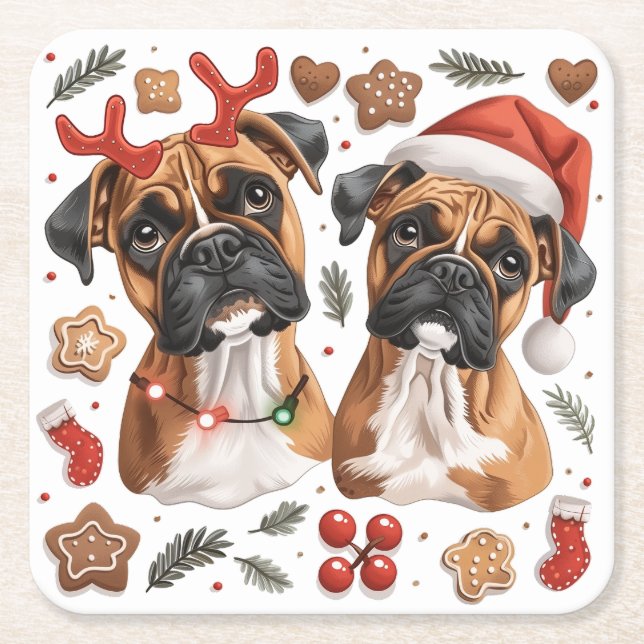 Christmas Boxer Dogs Square Paper Coaster (Front)