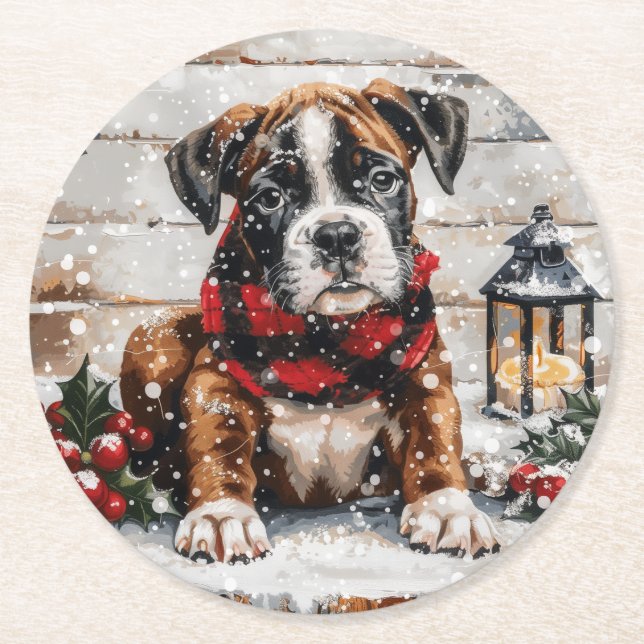 Christmas Boxer Puppy Round Paper Coaster (Front)