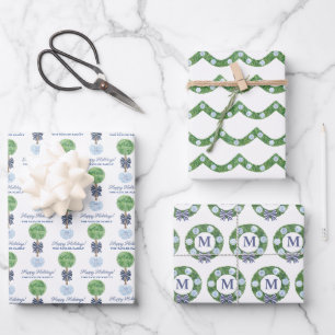 Christmas Boxwood Topiary Ginger Jar Ornaments Wrapping Paper Sheet