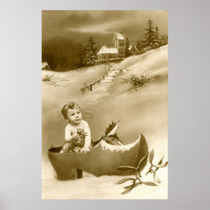 Christmas boy, clog and mistletoe poster
