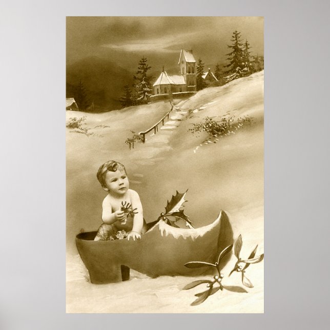 Christmas boy, clog and mistletoe poster (Front)