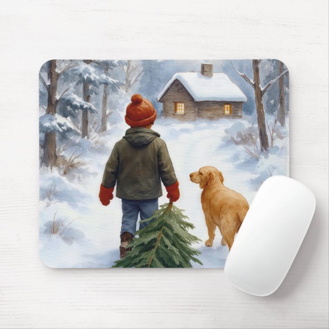 Christmas Boy Dragging an Evergreen Tree Home Mouse Pad (With Mouse)