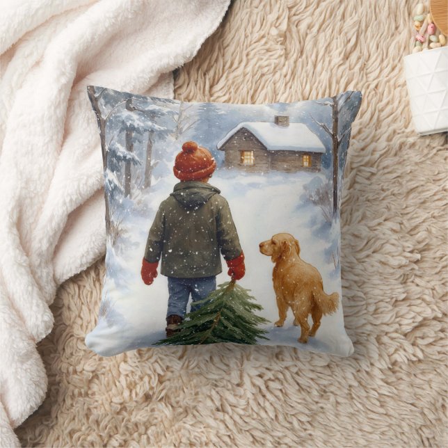 Christmas Boy In Snowflakes With Pine Tree and Dog Cushion (Blanket)