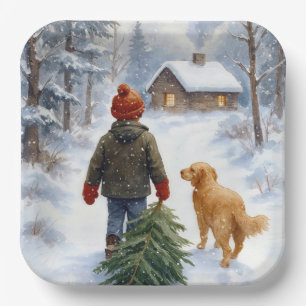 Christmas Boy In Snowflakes With Pine Tree and Dog Paper Plate