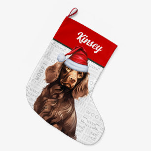 Christmas Boykin Spaniel with Name Woof Background Large Christmas Stocking