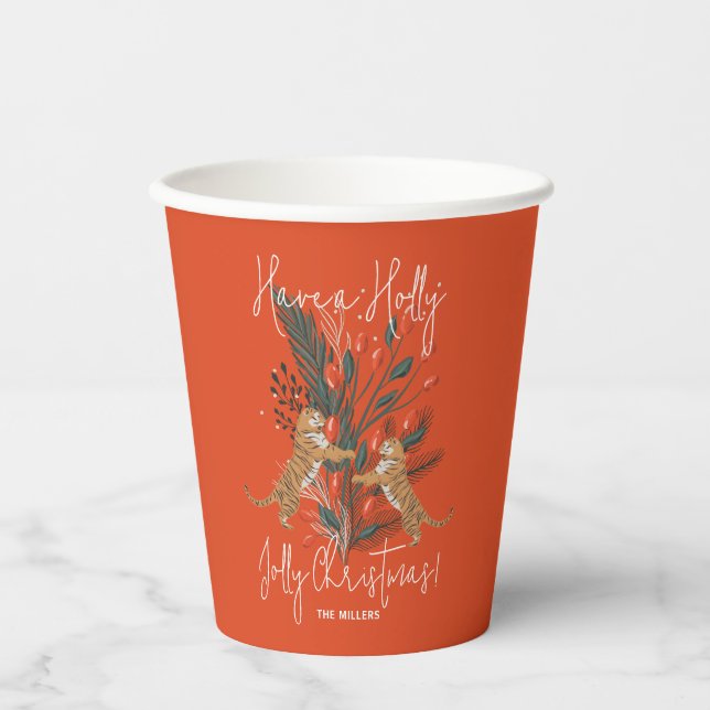 Christmas Branch & Tigers Holly Jolly Christmas Paper Cups (Front)