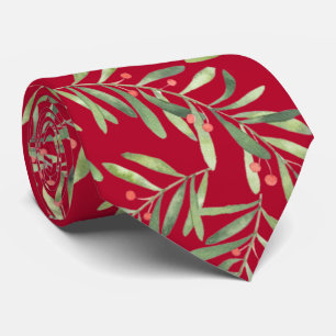 Christmas Branches and Berries on Red Tie