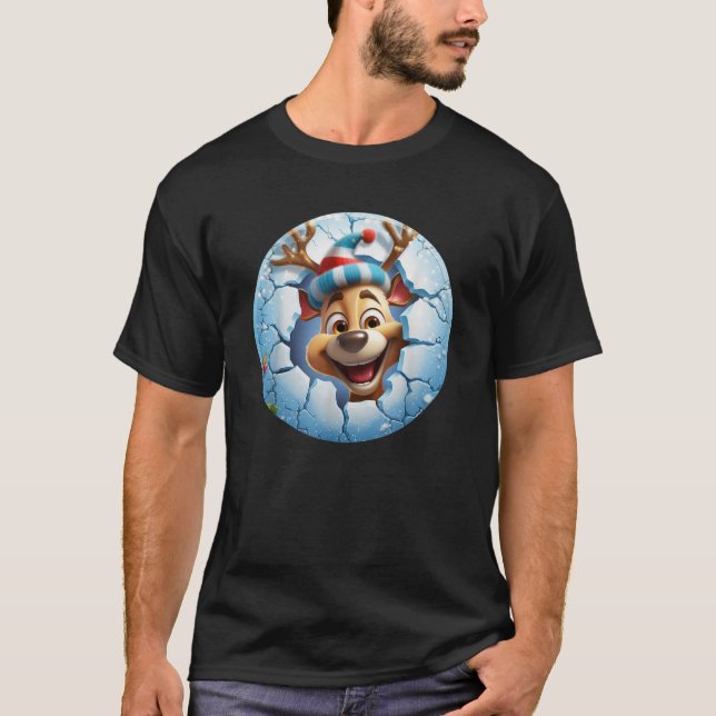 Christmas Break Through Cute Reindeer Coming Out O T-Shirt (Front)