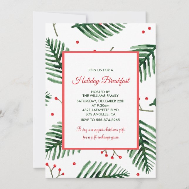 Christmas Breakfast Invitation Elegant Evergreen (Front)