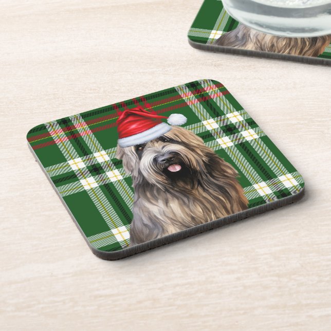 Christmas Briard Shepherd Dog Green Plaid Holiday Coaster (Left Side)