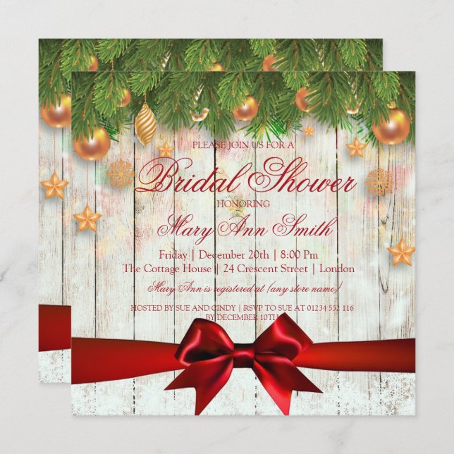 Christmas Bridal Shower Gold Deco & Ribbon Invitation (Front/Back)