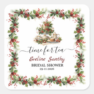 Christmas Bridal Shower holly Tea Time Party Square Sticker