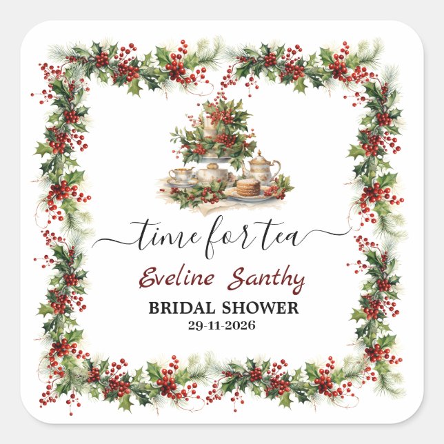 Christmas Bridal Shower holly Tea Time Party  Square Sticker (Front)