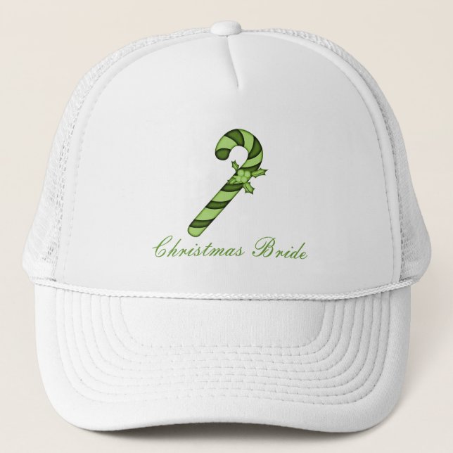 "Christmas Bride" - Sage Green Candy Cane Trucker  Hat (Front)