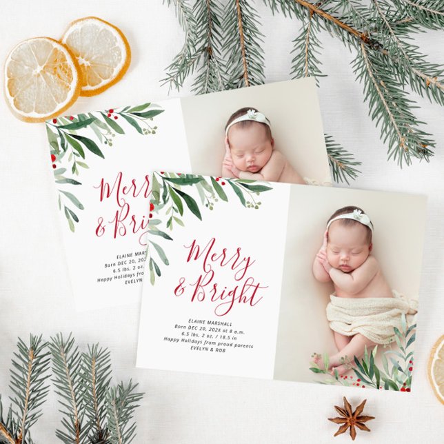 christmas bright holiday birth announcement postcard (Creator Uploaded)