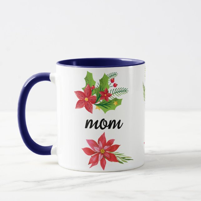 Christmas Bright Holly Black Script Mum Blue Mug (Left)