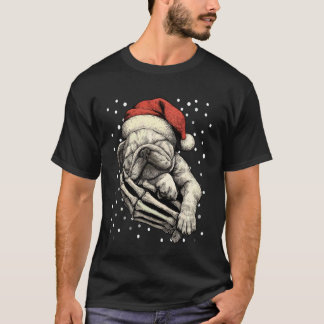 Christmas British Bulldog Santa Hat Skeleton Hand  T-Shirt