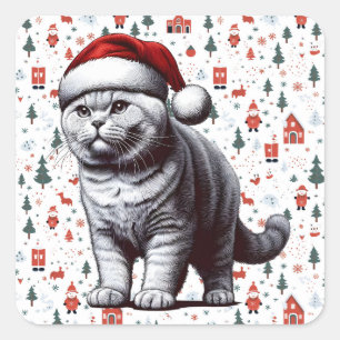 Christmas British shorthair Cat, Xmas Santa Kitten Square Sticker