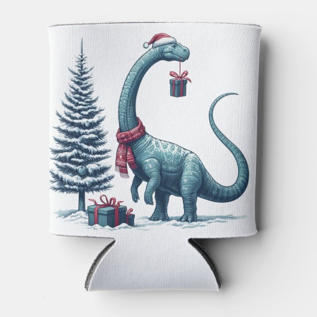Christmas Brontosaurus dinosaur Can Cooler (Front)