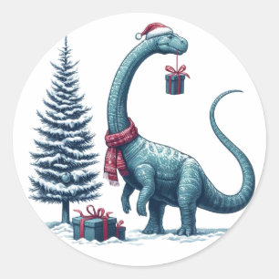 Christmas Brontosaurus dinosaur Classic Round Sticker