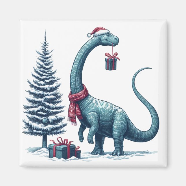 Christmas Brontosaurus dinosaur Magnet (Front)