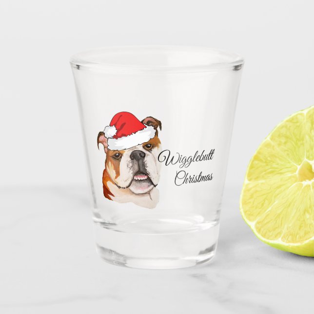 Christmas Brown Art English Bulldog Wigglebutt Shot Glass (Front)