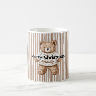 Christmas Brown Cream Teddy Bear Stripes Coffee Mug