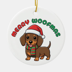 Christmas Brown Dachshund Ornament: Merry Woofmas Ceramic Ornament
