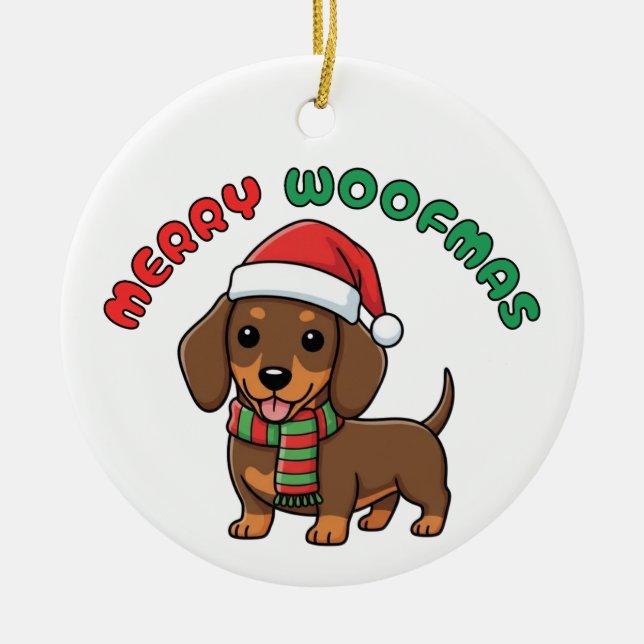 Christmas Brown Dachshund Ornament: Merry Woofmas Ceramic Ornament (Front)