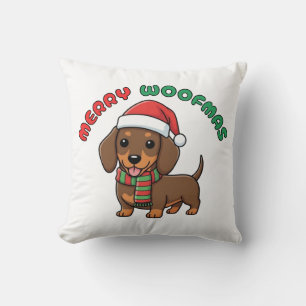Christmas Brown Dachshund Pillow: Merry Woofmas Cushion