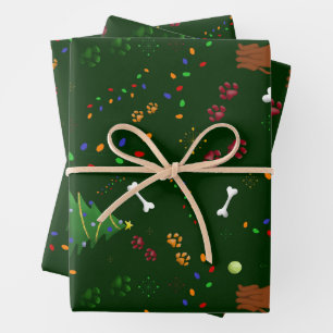 Christmas Brown Dog tree bone paws Santa hat light Wrapping Paper Sheet