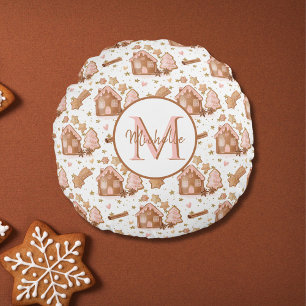 Christmas Brown Gingerbread House Pink Trees Round Cushion