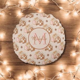 Christmas Brown Gingerbread House Pink Trees Round Cushion