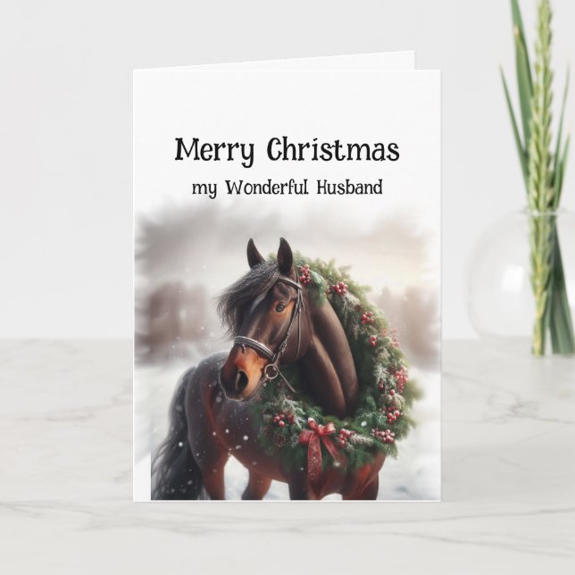  Christmas Brown Horse Wonderful Husband Wreath  Card (Front)