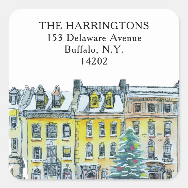 Christmas Brownstone Golden Hand-Drawn Address Square Sticker (Front)