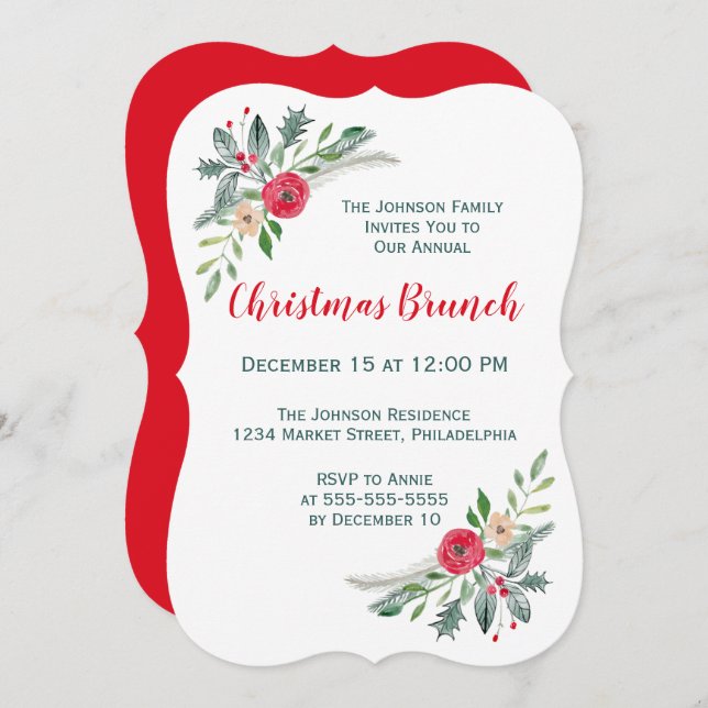 Christmas Brunch Event Winter Florals & Holly Invitation (Front/Back)